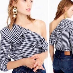 NWT TALL J. Crew Gingham Ruffle Top Asymmetrical One Shoulder Navy White 14T NEW